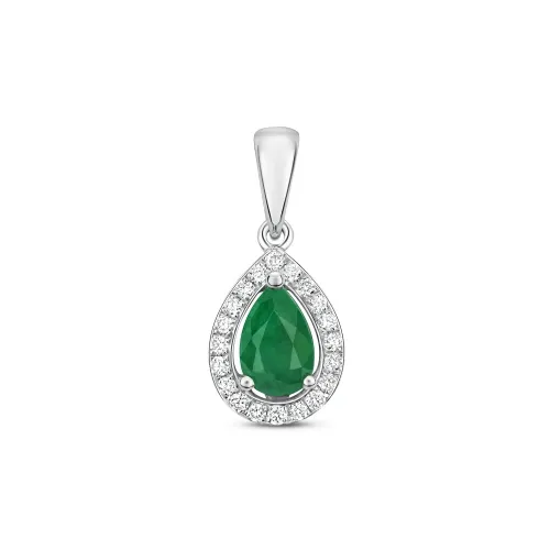 Diamond and Emerald Halo Pendant Pear 9ct White Gold